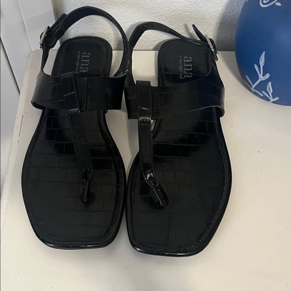 a.n.a Black Croc-Embossed T-Strap Sandals with Ankle Buckle